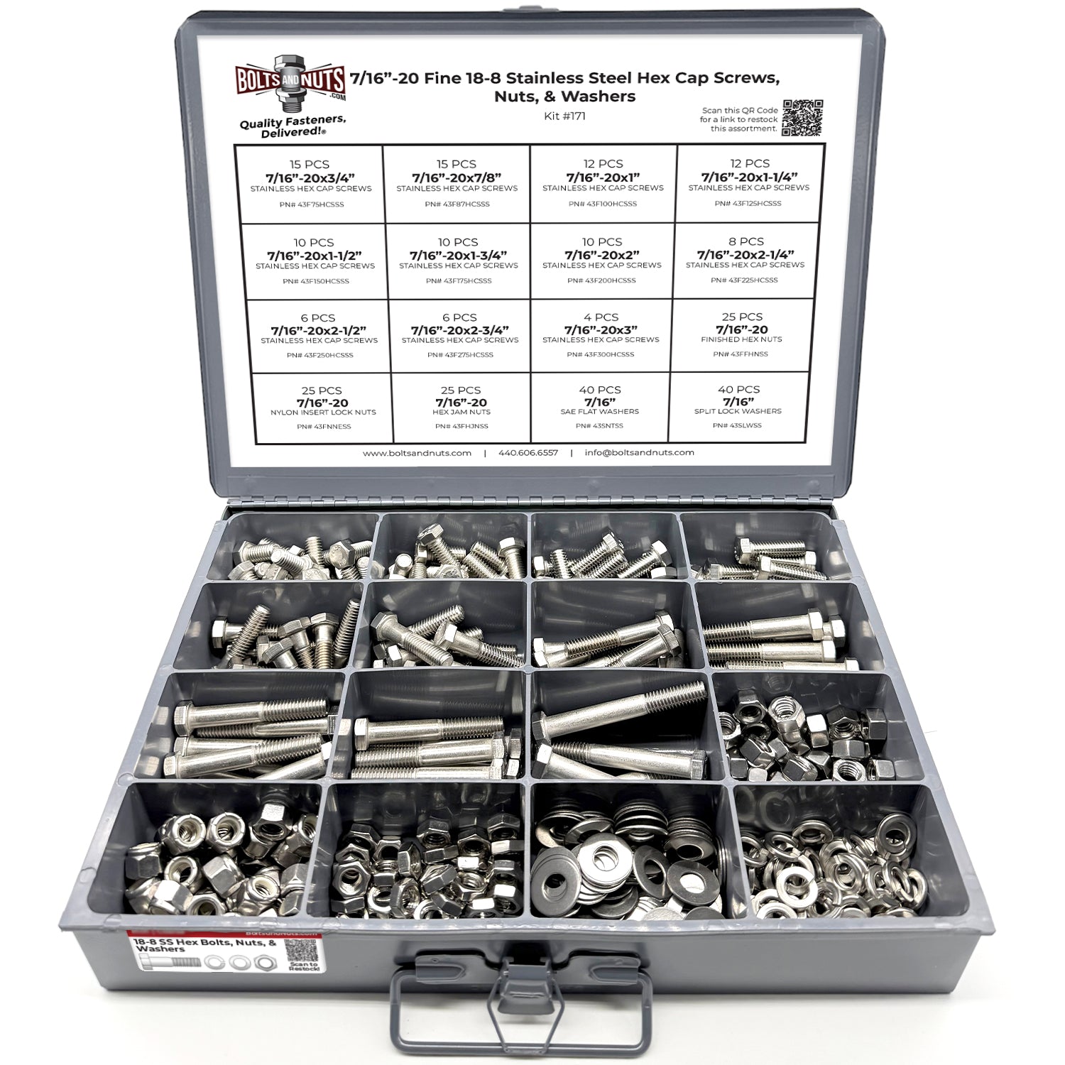 7/16"-20 Fine 18-8 Stainless Steel Hex Cap Screws, Nuts, & Washers - 264 PCS