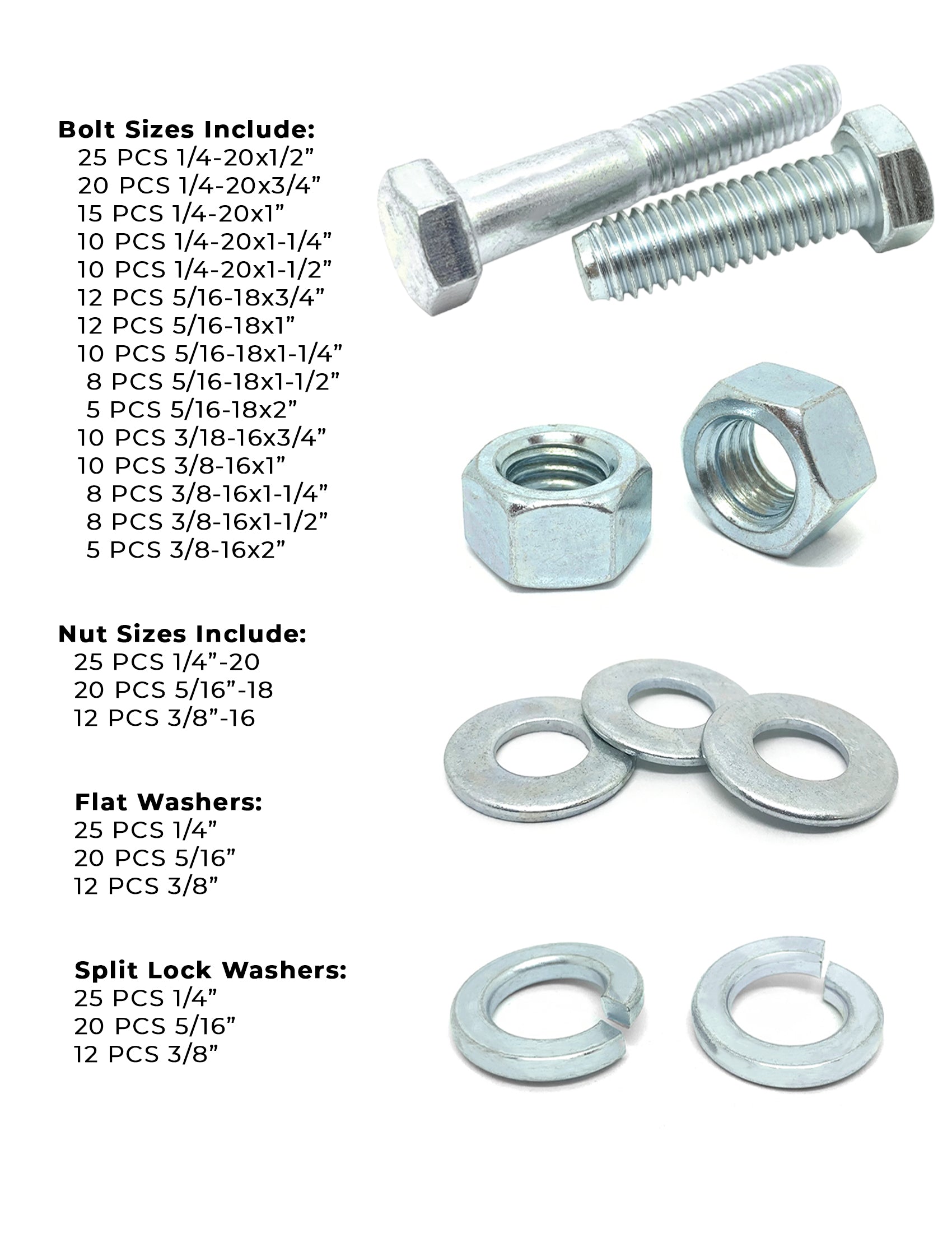 Inch Grade 5 Hex Cap Screws, Hex Nuts, Flat & Lock Washers - 334 PCS