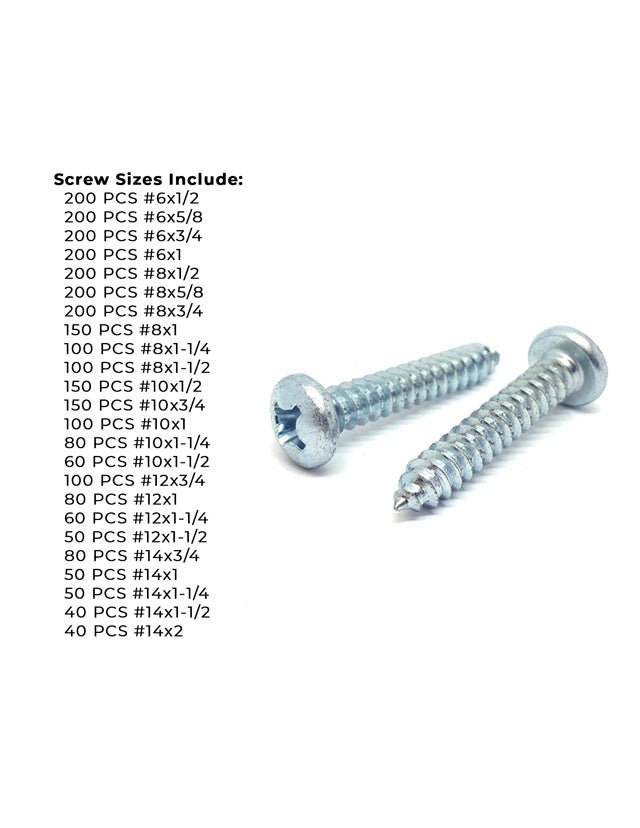 Phillips Pan Head Sheet Metal Self Tapping Screws Assortment - 2840 PCS