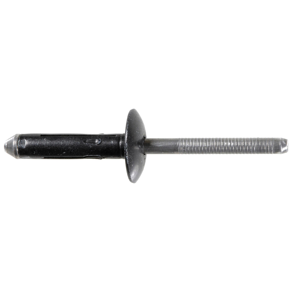 1/4" Split Type Rivet, 3/16"-3/8" Grip, Black Aluminum Body, Aluminum Mandrel, 11/16" Flange Diam