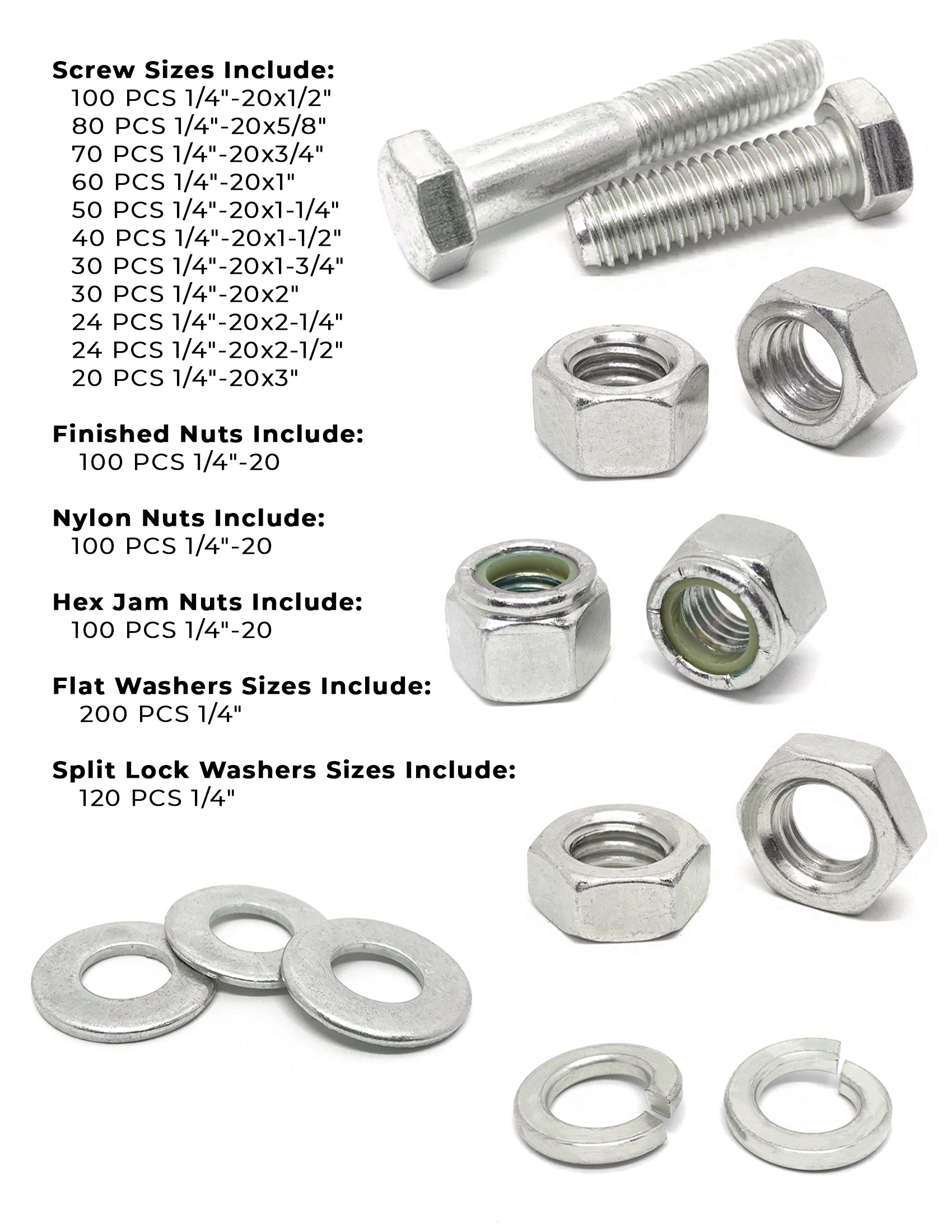 1/4"-20 Coarse 18-8 Stainless Steel Hex Cap Screws, Nuts, & Washers - 1148 PCS
