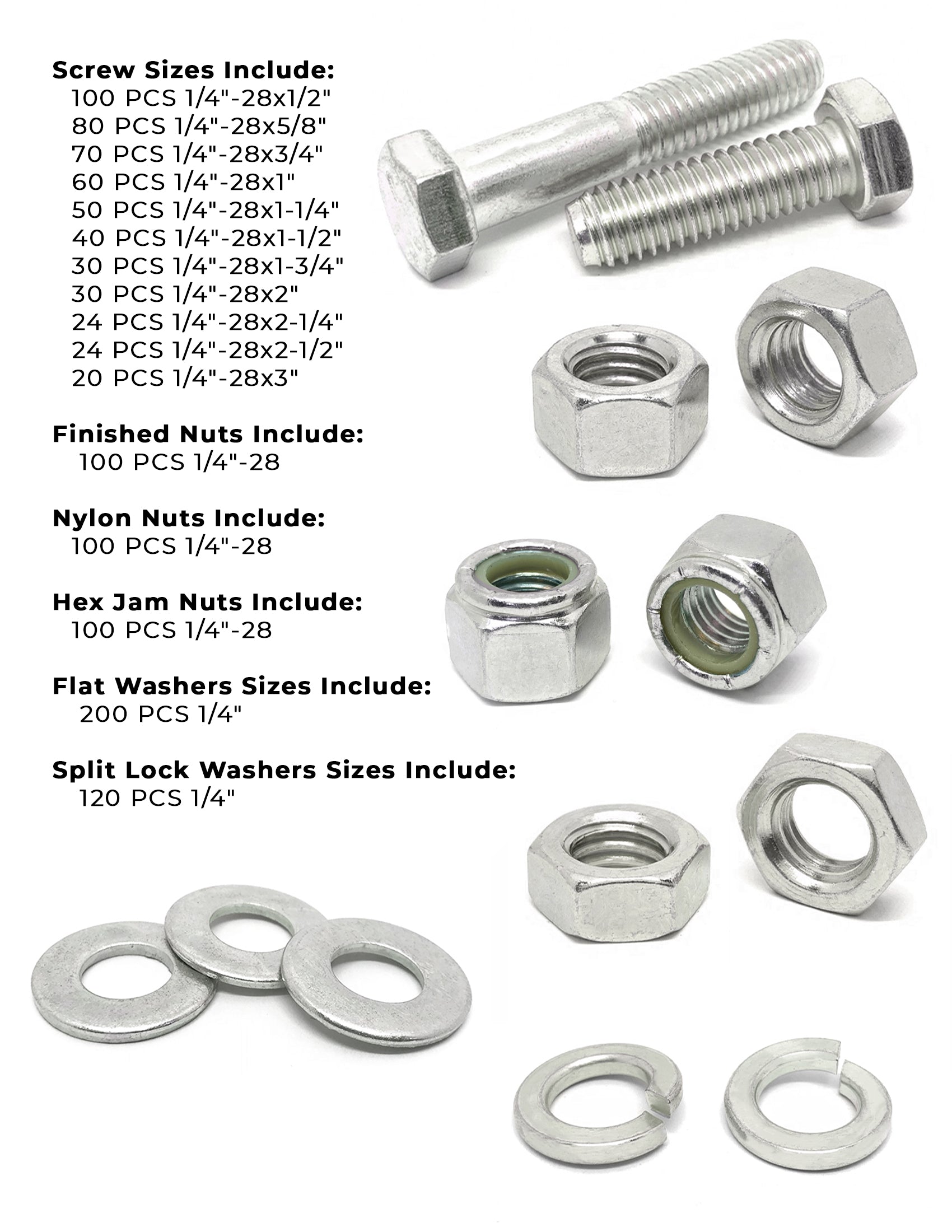 1/4"-28 Fine 18-8 Stainless Steel Hex Cap Screws, Nuts, & Washers - 1148 PCS