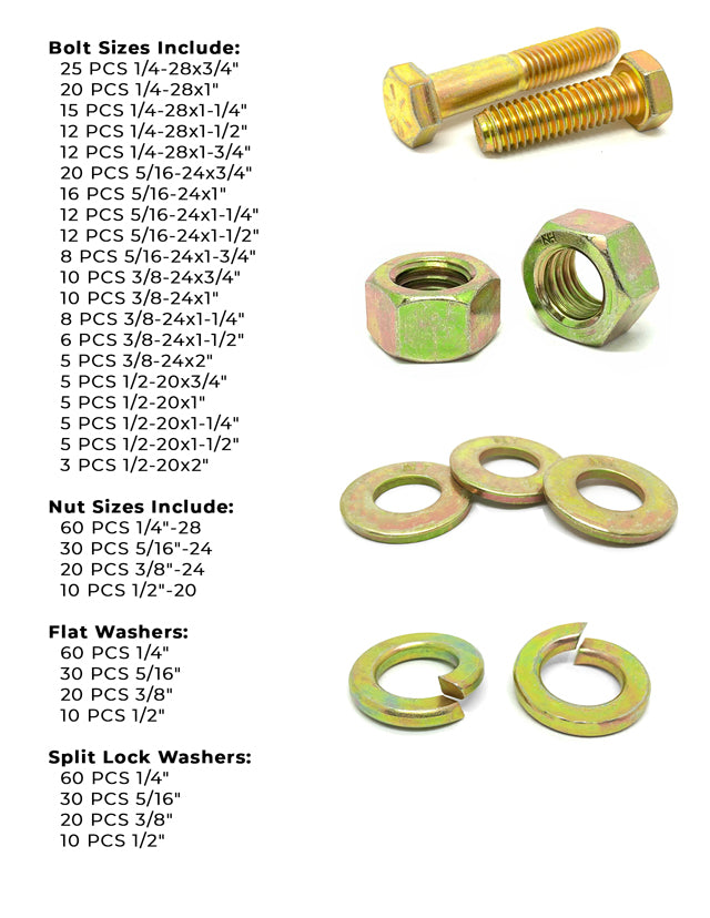 Inch Grade 8 Hex Cap Screws, Hex Nuts, Flat & Lock Washers Fine Thread Zinc Yellow 1/4", 5/16" 3/8", & 1/2" - 574 PCS