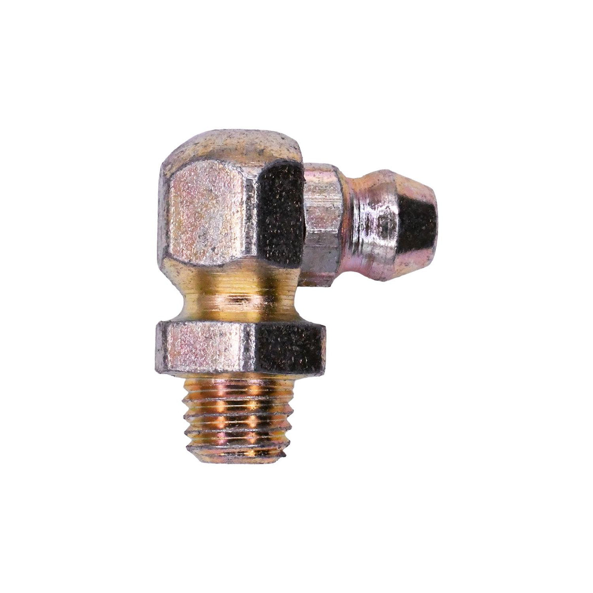 1/4"-28 90 Degrees Grease Fitting Self Tap, Plated, 43/64" Overall Length