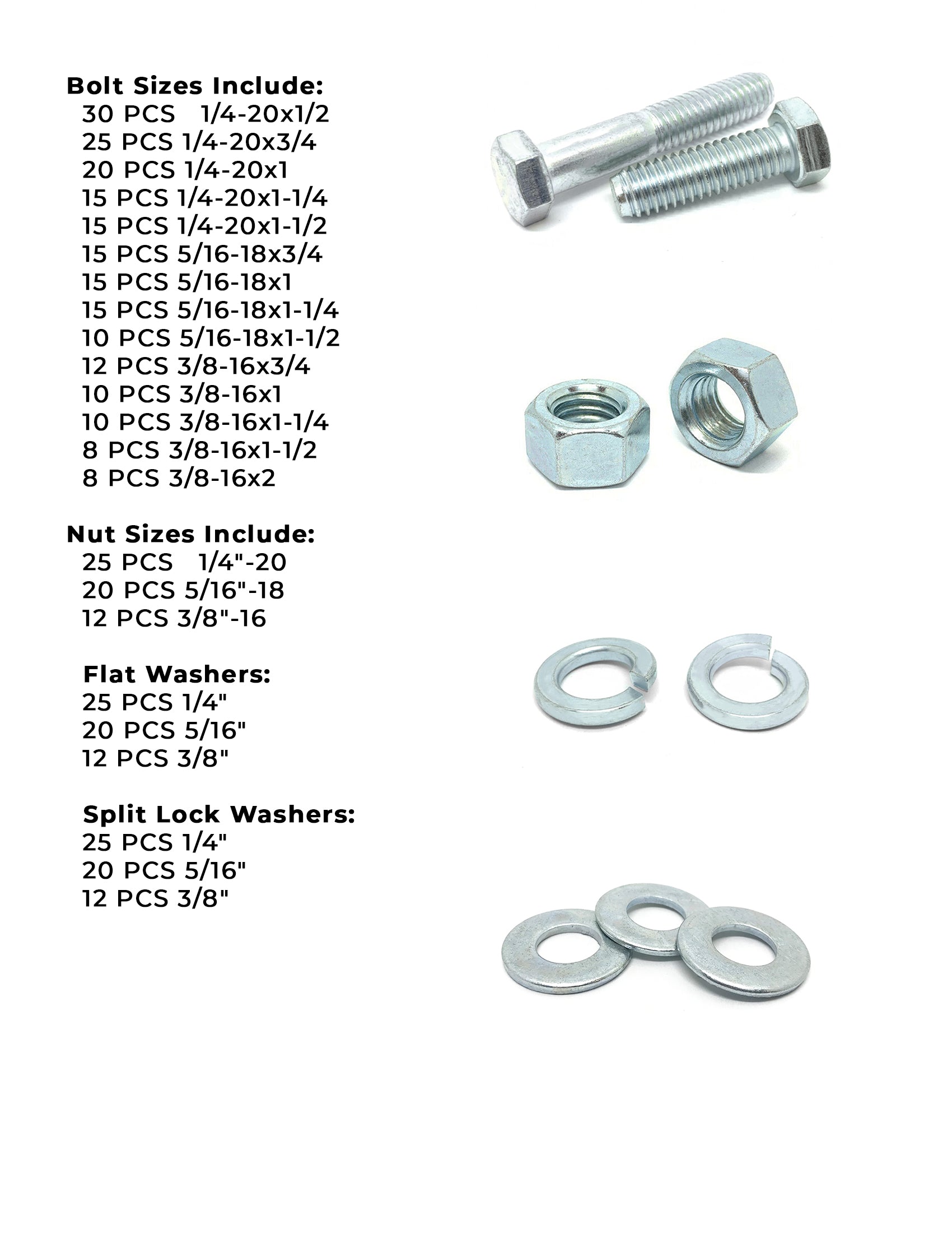 Inch Grade 5 Hex Cap Screws, Hex Nuts, Flat & Lock Washers - 380 PCS