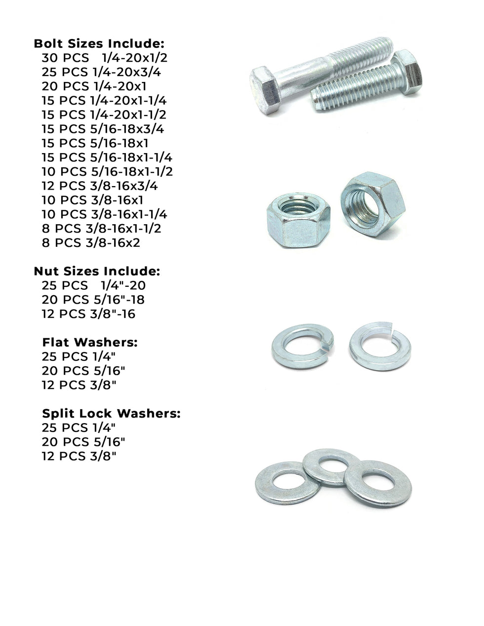 Inch Grade 5 Hex Cap Screws, Hex Nuts, Flat & Lock Washers - 380 PCS ...