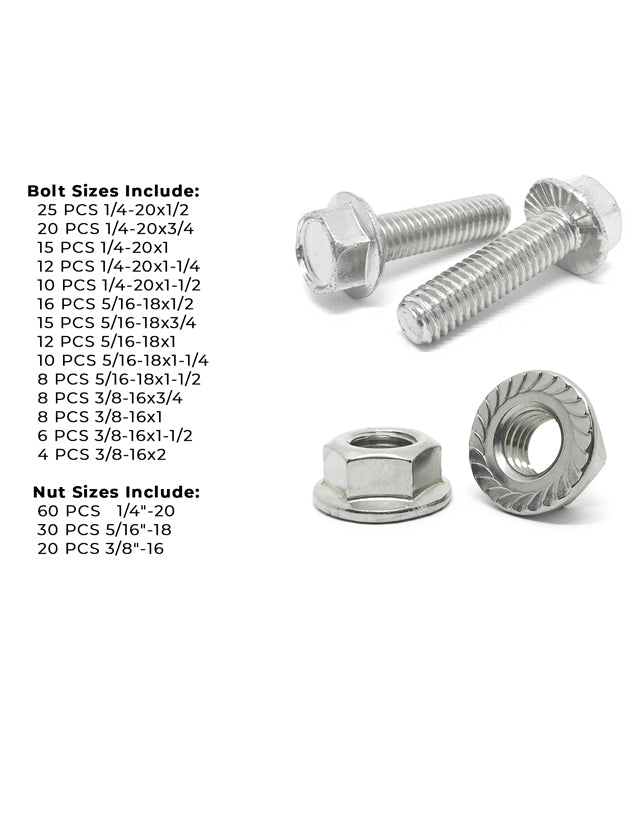 Inch Stainless Steel Serrated Hex Flange Bolts Screws Nuts Assortment Kit - 280 PCS