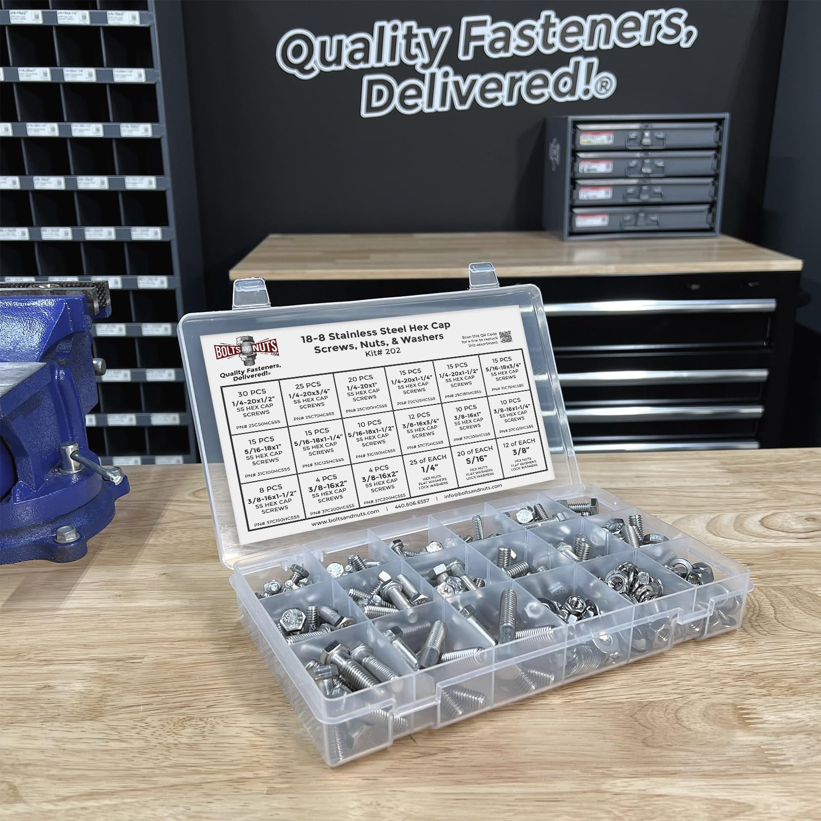 Inch 18-8 Stainless Steel Hex Cap Screws, Hex Nuts, Flat & Lock Washers - 380 PCS