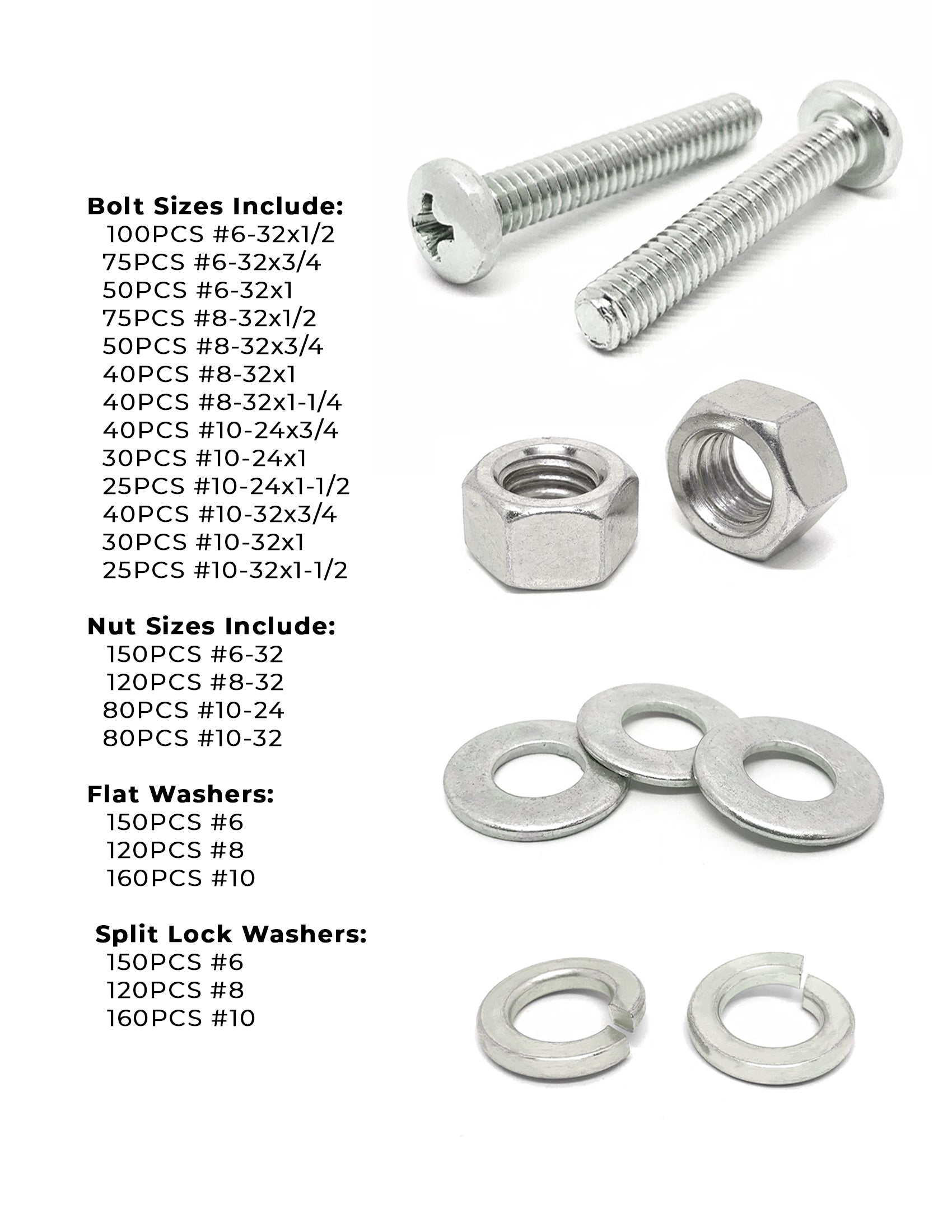 Inch Stainless Steel Phillips Pan Head Machine Screws, Hex Nuts, Flat & Lock Washers - 1921 PCS