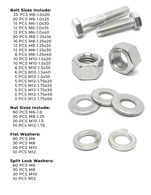 Metric A2 Stainless Steel Hex Cap Screws, Hex Nuts, Flat & Lock Washers - 575 PCS