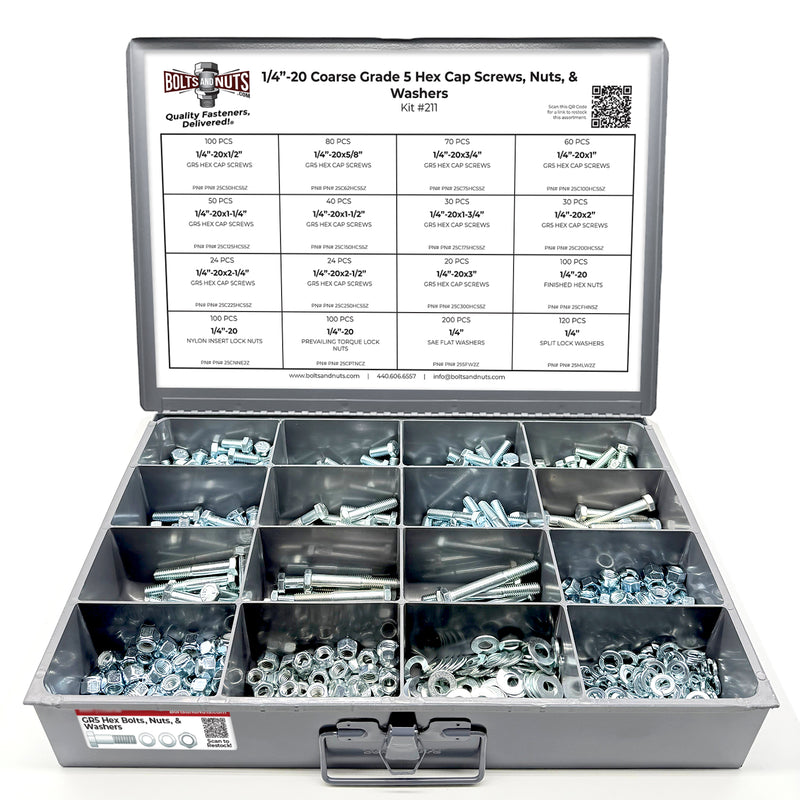 1/4"-20 Coarse Grade 5 Hex Cap Screws, Nuts, & Washers - 1149 PCS