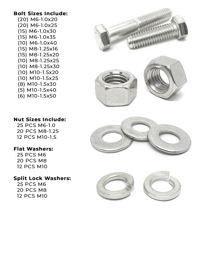 Metric A2 Stainless Steel Hex Cap Screws, Hex Nuts, Flat & Lock Washers - 341 PCS