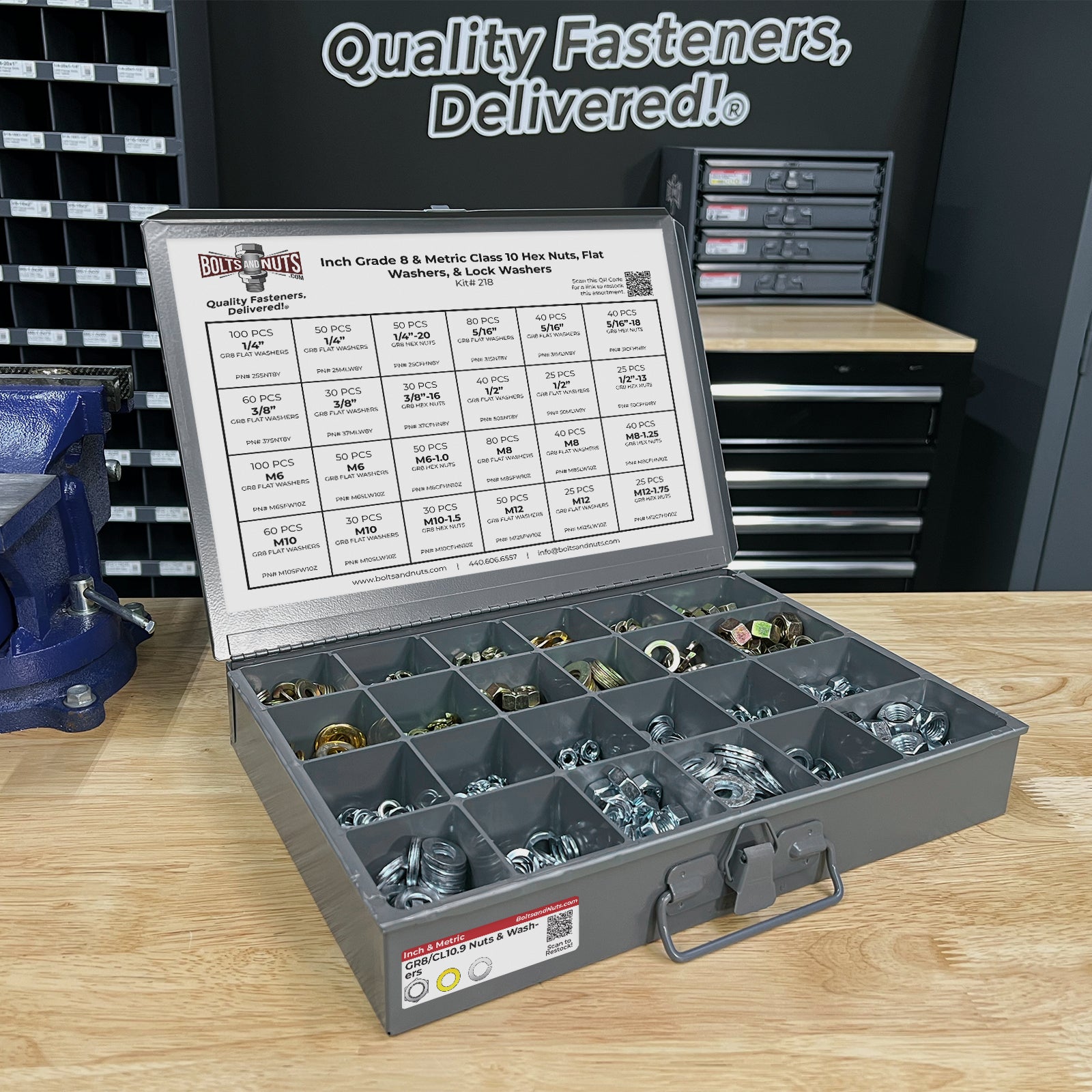 Inch & Metric Grade 8 Hex Nut, Flat & Lock Washer Assortment - 1151 PCS