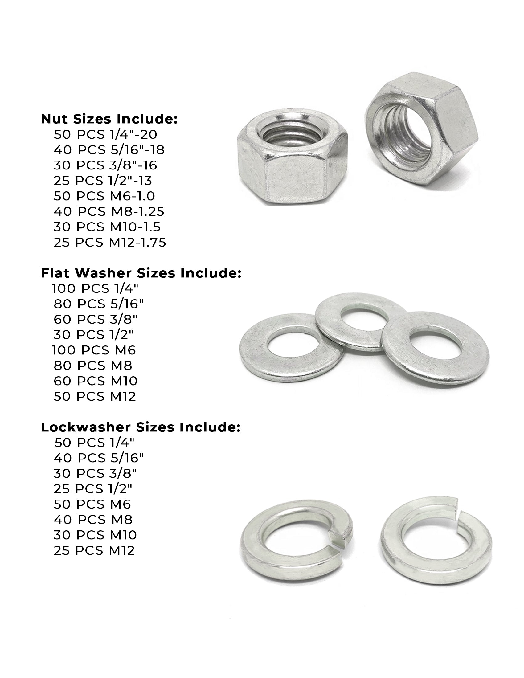 Inch & Metric Stainless Steel Hex Nut, Lock Washer and Flat Washer Assortment - 1141 PCS