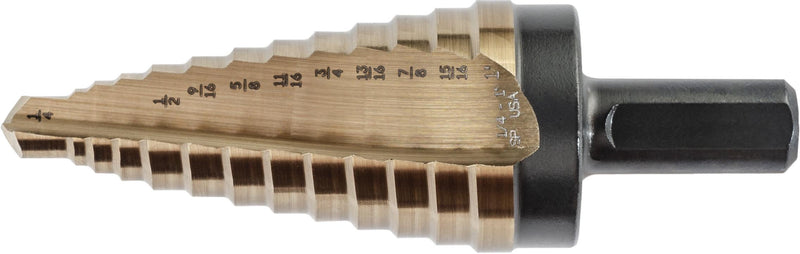 1/4" Step Drill Bit with Flats, Gold Oxide, 8 Hole Sizes