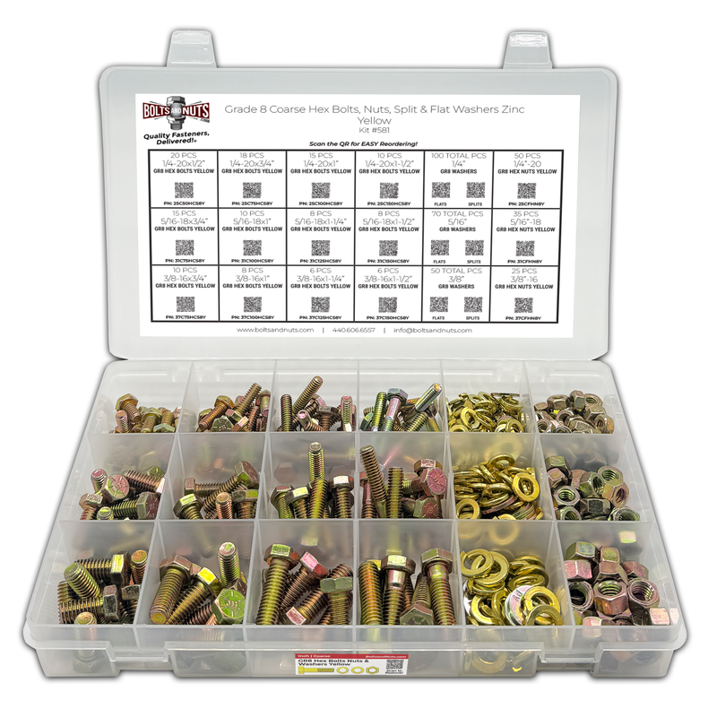 Grade 8 Hex Cap Screws, Grade 8 Hex Nuts, Grade 8 SAE Flat Washers, Grade 8 Lock Washers - Zinc & Yellow Plated - 465 PCS