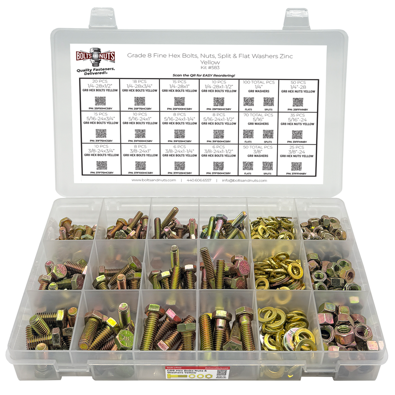 Assortment Kit #583 (465 Pcs.) FINE Grade 8 Hex Cap Screws, FINE Grade 8 Hex Nuts, Grade 8 SAE Flat Washers, Grade 8 Lock Washers - Zinc & Yellow Plated