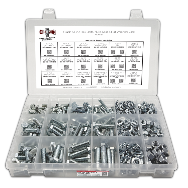 Assortment Kit #584 (465Pcs.) - FINE Grade 5 Hex Cap Screws, FINE Nuts, Washers Zinc w/ 18 Plastic Bin