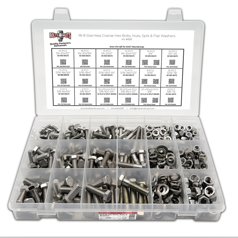 Assortment Kit #585 (465Pcs.) Stainless Steel Hex Cap Screws, Hex Nuts, Flat Washers & Lock Washers