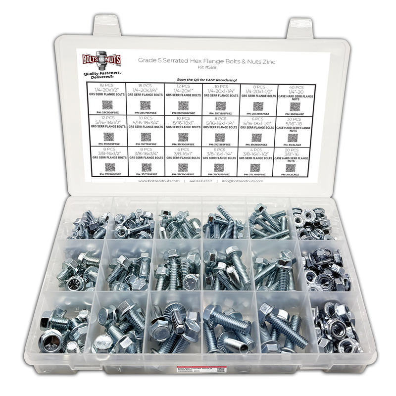 Assortment Kit #588 (231Pcs.) Grade 5 Serrated Flange Screws & Hardened Serrated Flange Nuts - Zinc Plated