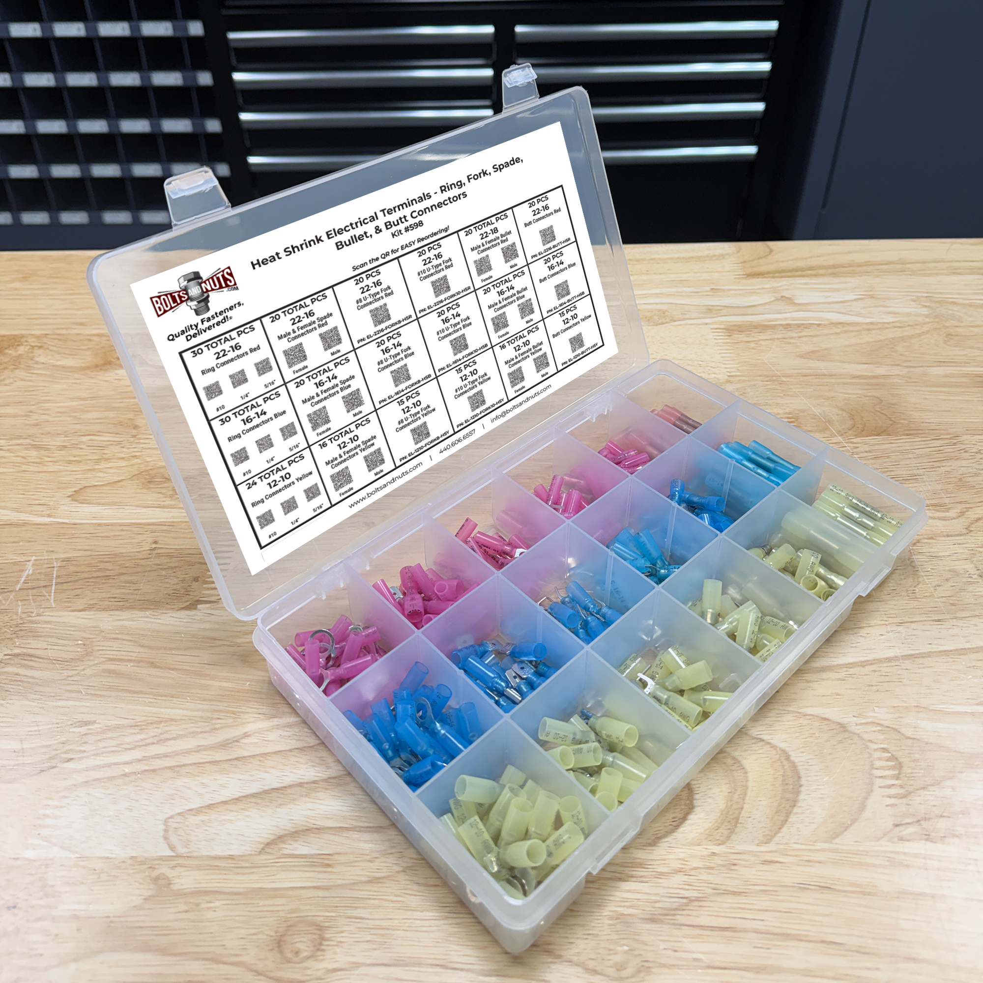 Assortment Kit #598 (362Pcs.) Heat Shrink Electrical Terminals w/ 18 Hole Plastic Bin