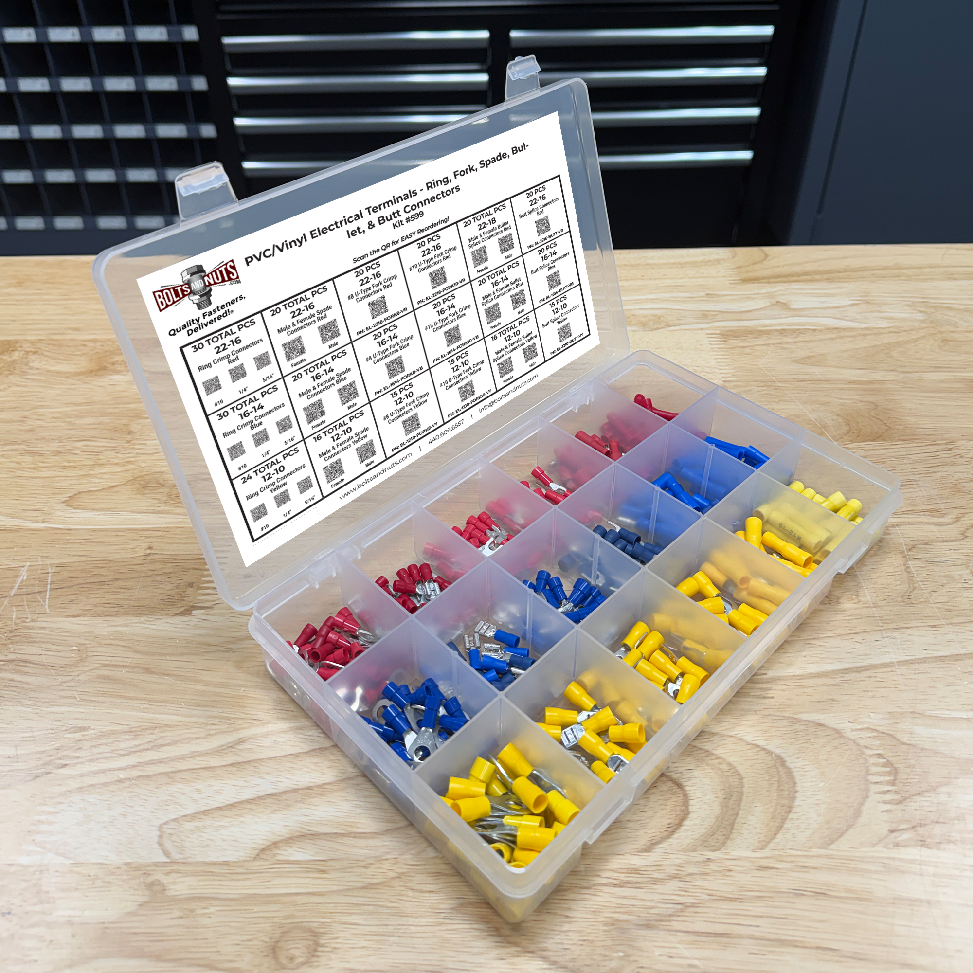 Assortment Kit #599 (362Pcs.) PVC/Vinyl Electrical Terminals w/ 18 Hole Plastic Bin