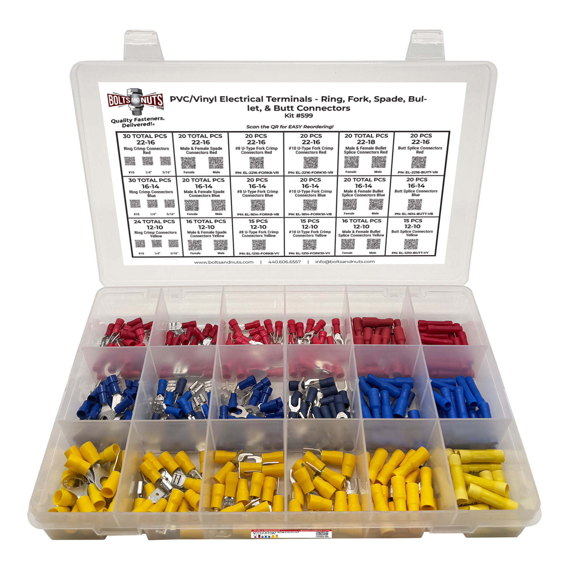 Assortment Kit #599 (362Pcs.) PVC/Vinyl Electrical Terminals w/ 18 Hole Plastic Bin