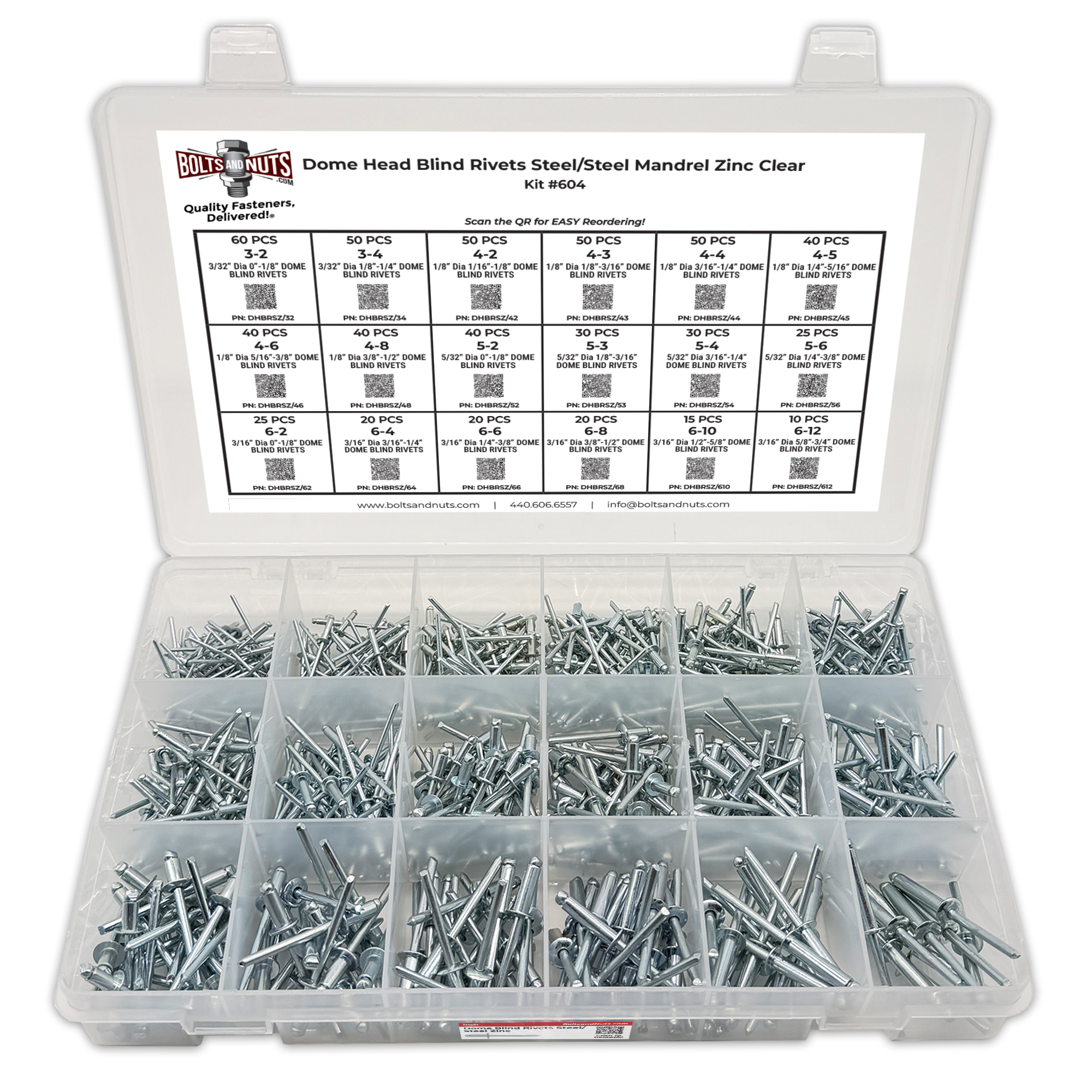 Assortment Kit #604 (616Pcs.) Dome Head Blind Rivets Steel/Steel Mandrel Zinc Clear