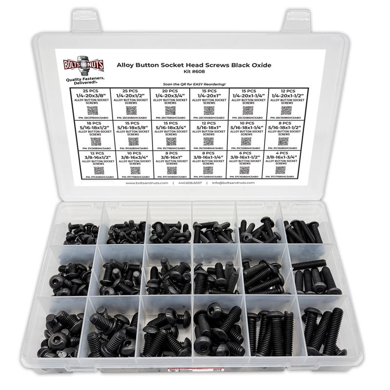 Assortment Kit #608 (239Pcs.)  Alloy Button Socket Head Cap Screws Black Oxide 1/4 5/16 3/8