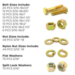 Assortment Kit #616 (324Pcs.) 5/16"-18 Grade 8 Hex Cap Screws, Grade 8 Hex & Nylon Nuts, Grade 8 Flat & Lock Washers - Zinc Yellow