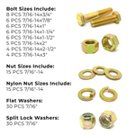 Assortment Kit #618 (136Pcs.) 7/16"-14 Grade 8 Hex Cap Screws, Grade 8 Hex & Nylon Nuts, Grade 8 Flat & Lock Washers - Zinc Yellow