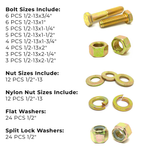 Assortment Kit #619 (109Pcs.) 1/2"-13 Grade 8 Hex Cap Screws, Grade 8 Hex & Nylon Nuts, Grade 8 Flat & Lock Washers - Zinc Yellow