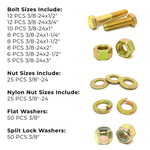 Assortment Kit #622 (220Pcs.) 3/8"-24 FINE Thread Grade 8 Hex Cap Screws, Grade 8 Hex & Nylon Nuts, Grade 8 Flat & Lock Washers - Zinc Yellow