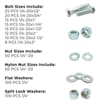 Assortment Kit #625 (421Pcs.) 1/4"-20 Grade 5 Hex Cap Screws, Grade 5 Hex & Nylon Nuts, Flat & Lock Washers - Zinc Plated