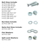 Assortment Kit #627 (220Pcs.) 3/8"-16 Grade 5 Hex Cap Screws, Grade 5 Hex & Nylon Nuts, Flat & Lock Washers - Zinc Plated