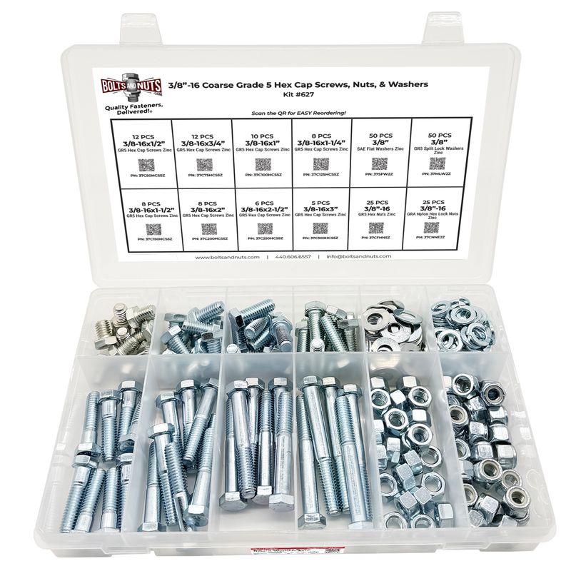 Assortment Kit #627 (220Pcs.) 3/8"-16 Grade 5 Hex Cap Screws, Grade 5 Hex & Nylon Nuts, Flat & Lock Washers - Zinc Plated