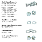 Assortment Kit #628 (136Pcs.) 7/16"-14 Grade 5 Hex Cap Screws, Grade 5 Hex & Nylon Nuts, Flat & Lock Washers - Zinc Plated