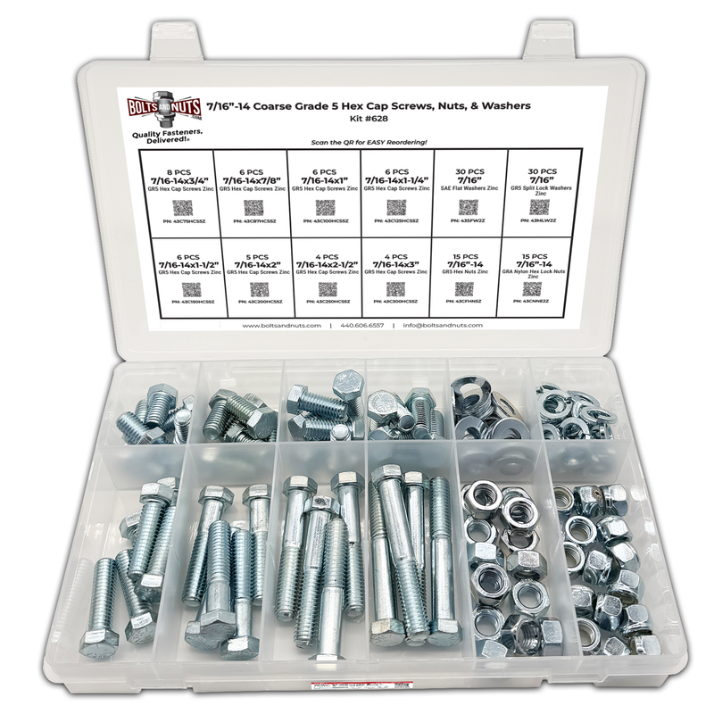 Assortment Kit #628 (136Pcs.) 7/16"-14 Grade 5 Hex Cap Screws, Grade 5 Hex & Nylon Nuts, Flat & Lock Washers - Zinc Plated