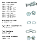Assortment Kit #629 (109Pcs.) 1/2"-13 Grade 5 Hex Cap Screws, Grade 5 Hex & Nylon Nuts, Flat & Lock Washers - Zinc Plated