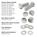 Assortment Kit #635 (421Pcs.) 1/4"-20, 18-8 (304) Stainless Steel Hex Cap Screws, Hex & Nylon Nuts, Flat & Lock Washers