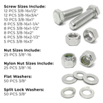 Assortment Kit #637 (220Pcs.) 3/8"-16, 18-8 (304) Stainless Steel Hex Cap Screws, Hex & Nylon Nuts, Flat & Lock Washers