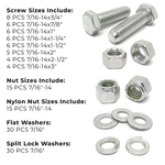 Assortment Kit #638 (136Pcs.) 7/16"-14, 18-8 (304) Stainless Steel Hex Cap Screws, Hex & Nylon Nuts, Flat & Lock Washers