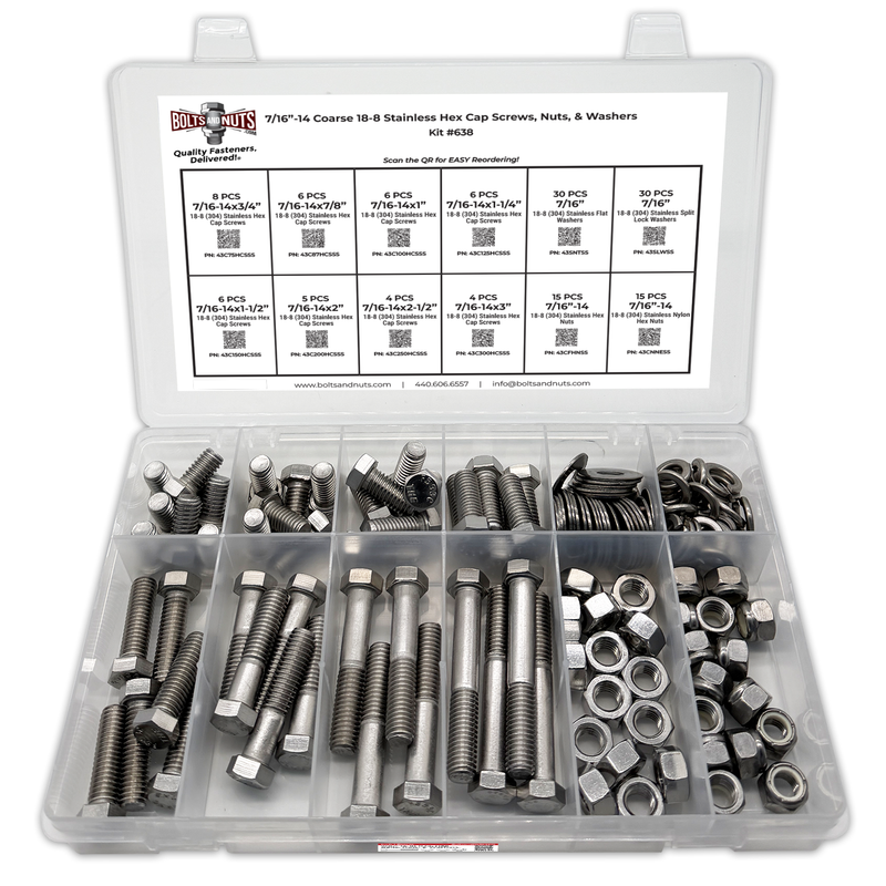 Assortment Kit #638 (136Pcs.) 7/16"-14, 18-8 (304) Stainless Steel Hex Cap Screws, Hex & Nylon Nuts, Flat & Lock Washers