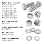 Assortment Kit #639 (109Pcs.) 1/2"-13, 18-8 (304) Stainless Steel Hex Cap Screws, Hex & Nylon Nuts, Flat & Lock Washers