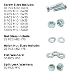 Assortment Kit #642 (210Pcs.) M10-1.5 Class 10.9 Hex Cap Screws, Hex & Nylon Nuts, Flat & Lock Washers - Zinc Plated