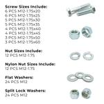 Assortment Kit #643 (109Pcs.) M12-1.75 Class 10.9 Hex Cap Screws, Hex & Nylon Nuts, Flat & Lock Washers - Zinc Plated