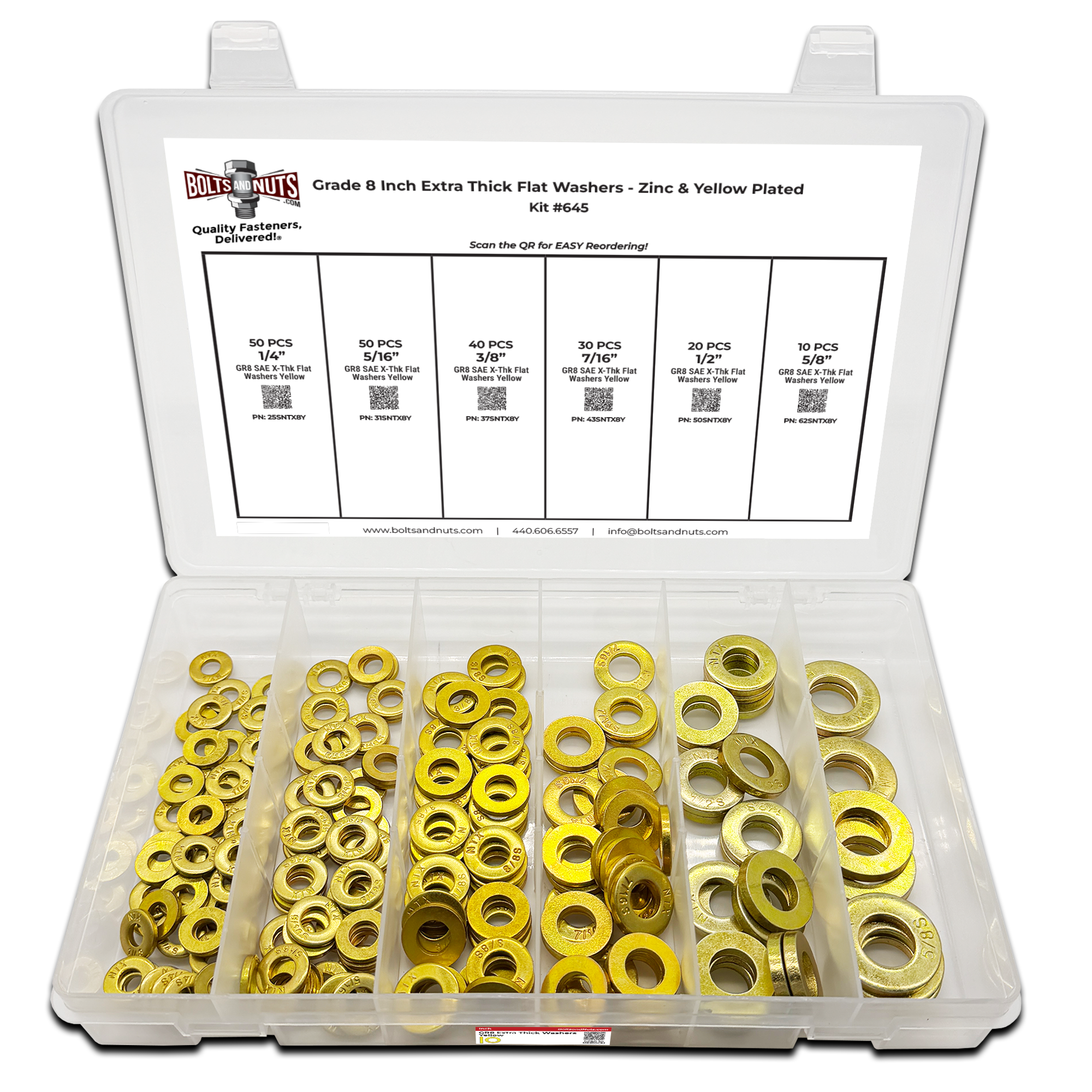 Assortment Kit #645 (201Pcs.) Grade 8 Inch Extra Thick Flat Washers - Zinc & Yellow Plated