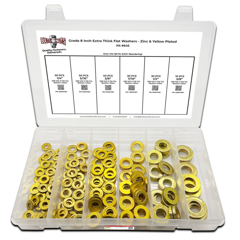 Assortment Kit #645 (201Pcs.) Grade 8 Inch Extra Thick Flat Washers - Zinc & Yellow Plated