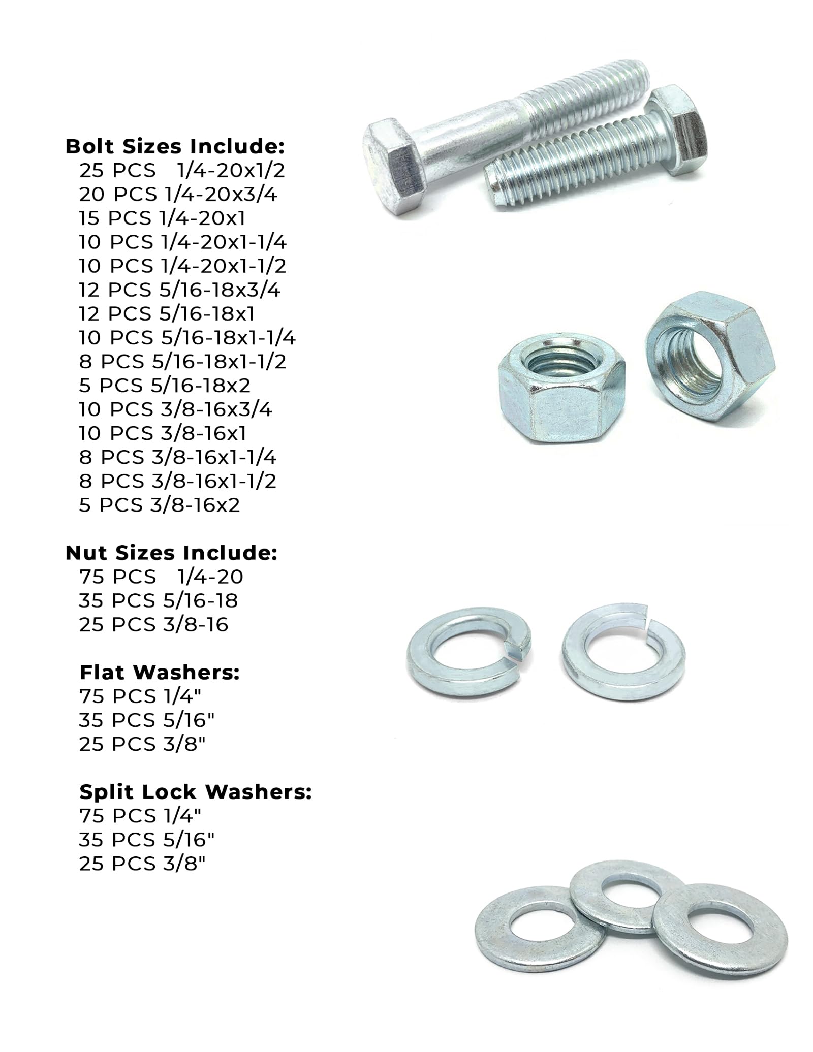 Inch Grade 5 Hex Cap Screws, Hex Nuts, Flat & Lock Washers - 573 PCS