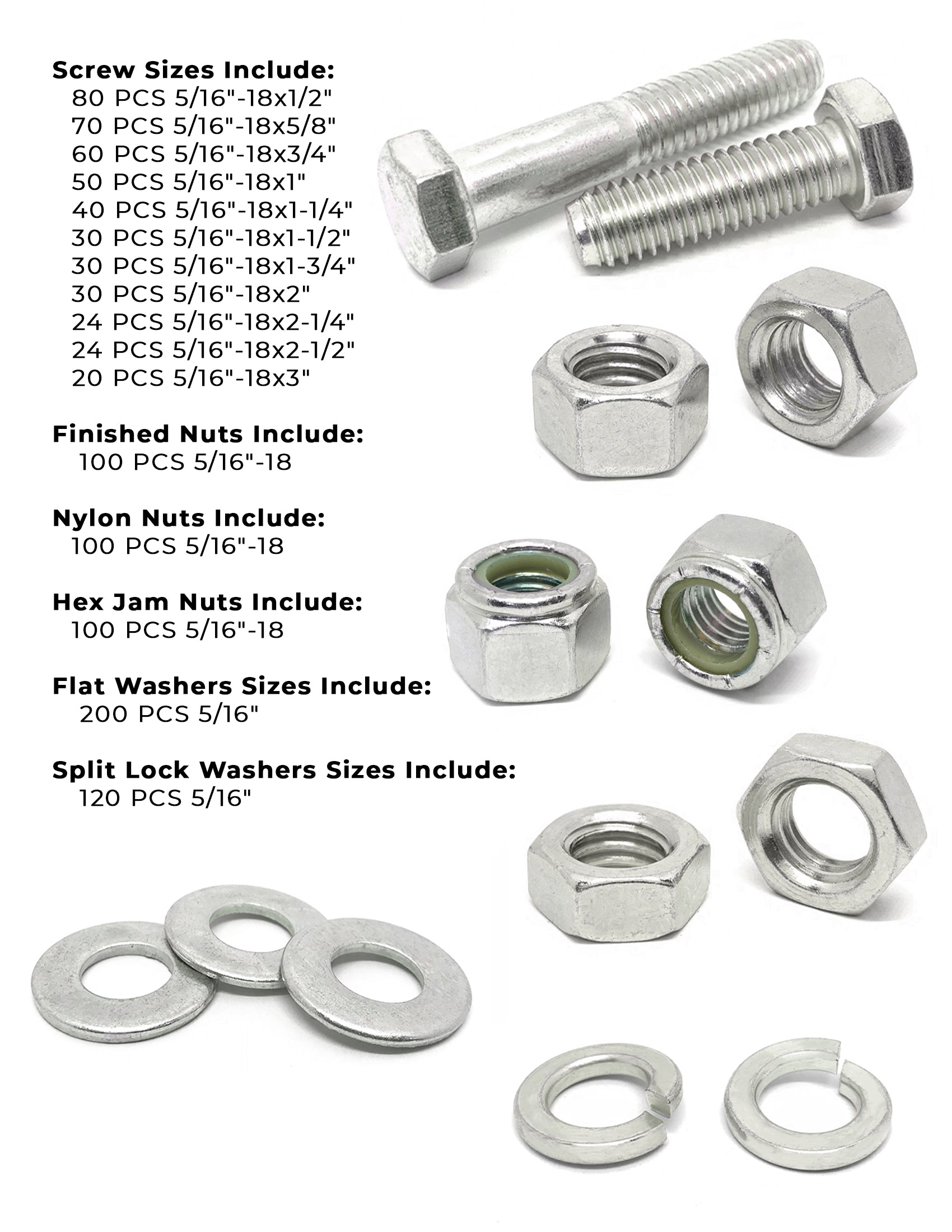 5/16"-18 Coarse 18-8 Stainless Steel Hex Cap Screws, Nuts, & Washers - 1079 PCS